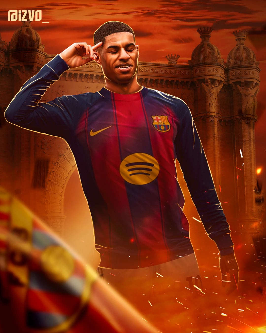 لاعب بقميص برشلونة يشير بسبّابته إلى صدغه وعيناه مغمضتان أمام قوس مزخرف من الطوب، في ضوء برتقالي دافئ وشرر متطاير.
