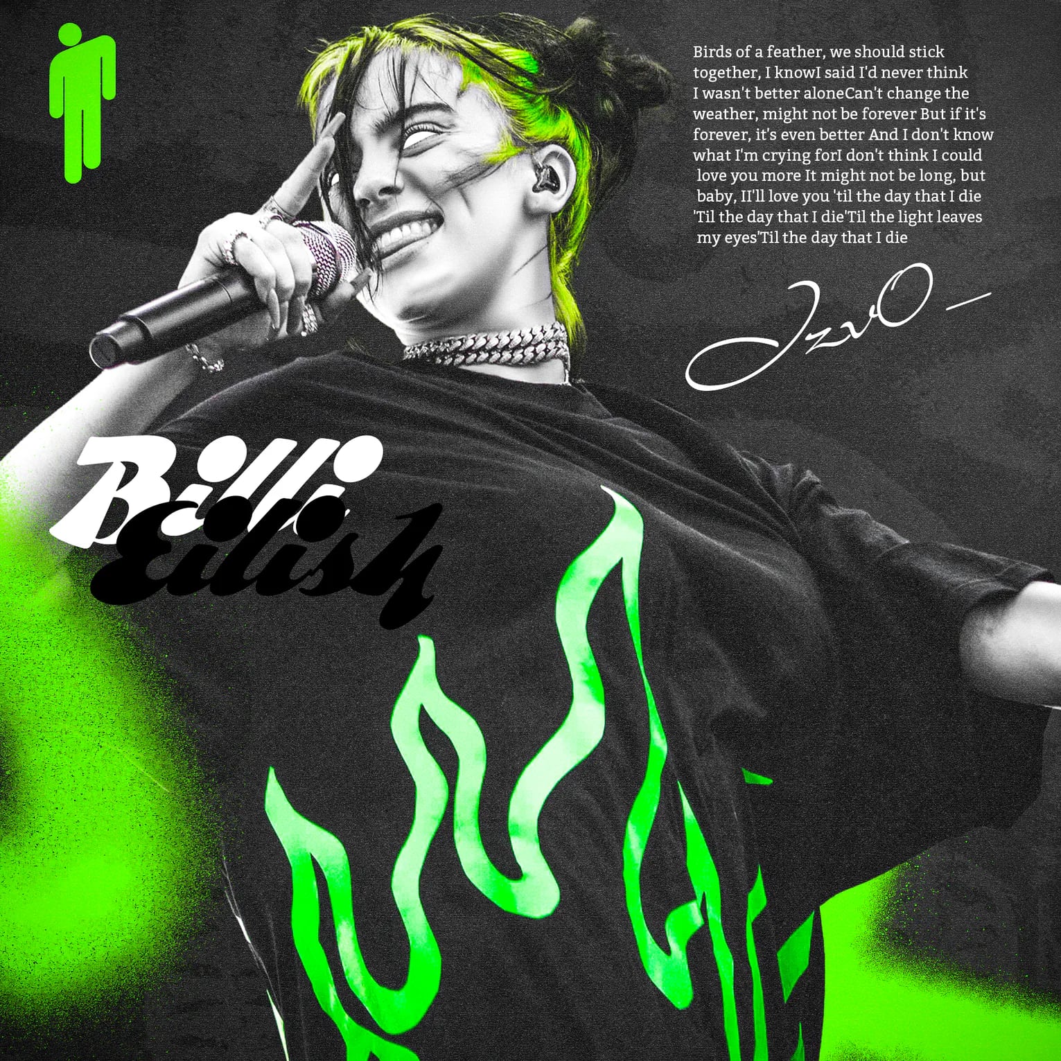 ملصق بالأسود والأخضر الفسفوري لمغنية تؤدي ممسكة بميكروفون، مع اسم Billie Eilish بحروف متراكبة وفقرة نص صغيرة.