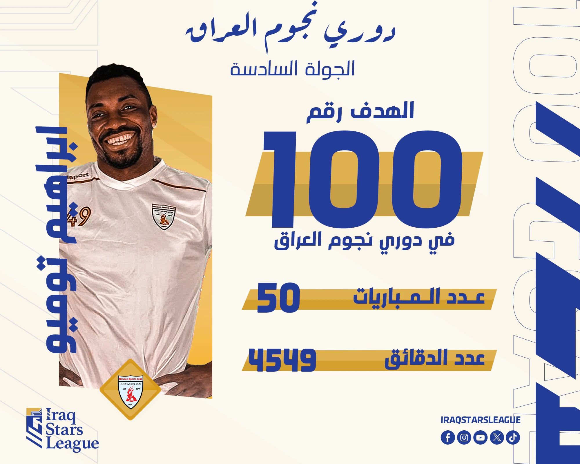 تصميم الهدف رقم 100 في دوري نجوم العراق في الجولة السادسة، بعد 50 مباراة و4549 دقيقة، بجانب صورة اللاعب صاحب الهدف.