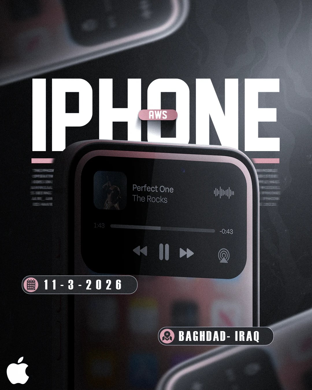 ملصق داكن عليه كلمة iPhone بحروف بيضاء كبيرة خلف هاتف وردي يعرض مشغّل موسيقى، مع بطاقة تاريخ 11-3-2026 وبطاقة للموقع.