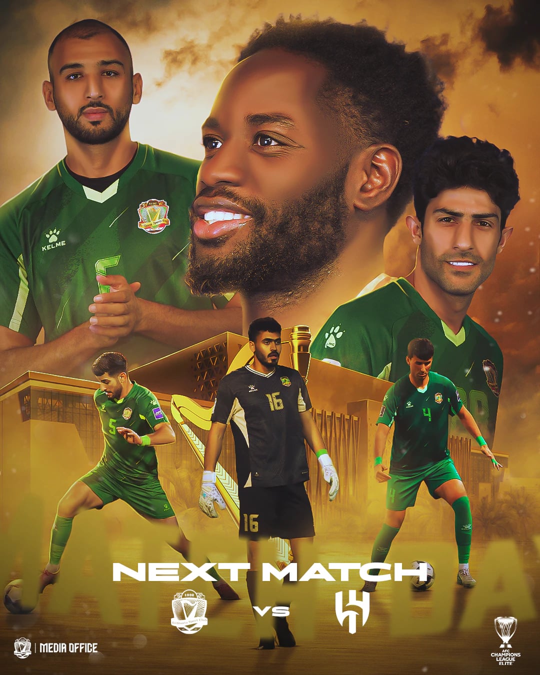 تصميم المباراة المقبلة في دوري أبطال آسيا للنخبة: ثلاث صور كبيرة للاعبين فوق ثلاثة لاعبين من الشرطة في وضعيات لعب، وسط غبار ذهبي.