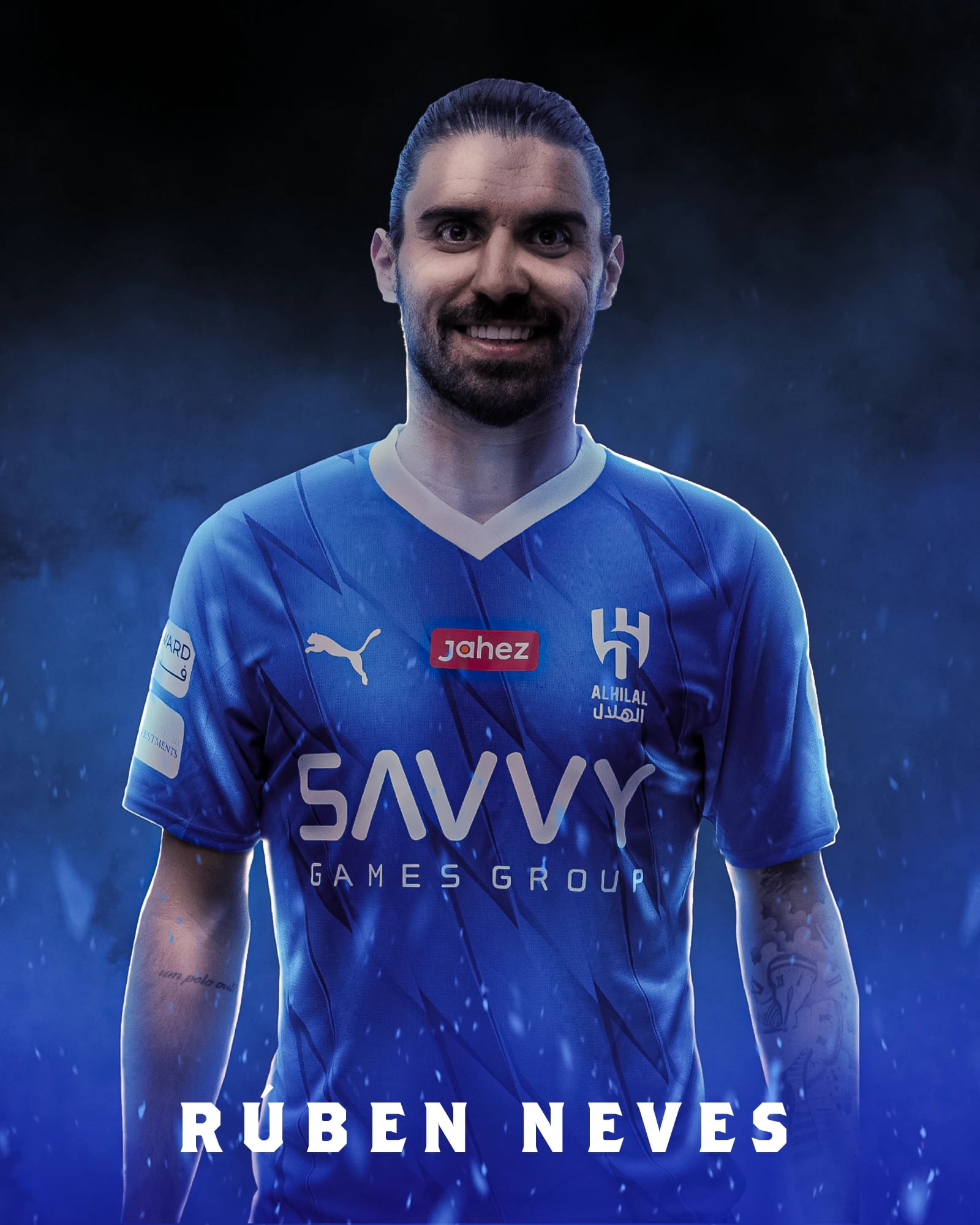 ملصق لصورة لاعب مبتسم بقميص الهلال الأزرق وسط دخان أزرق، وتحته اسم Rúben Neves.