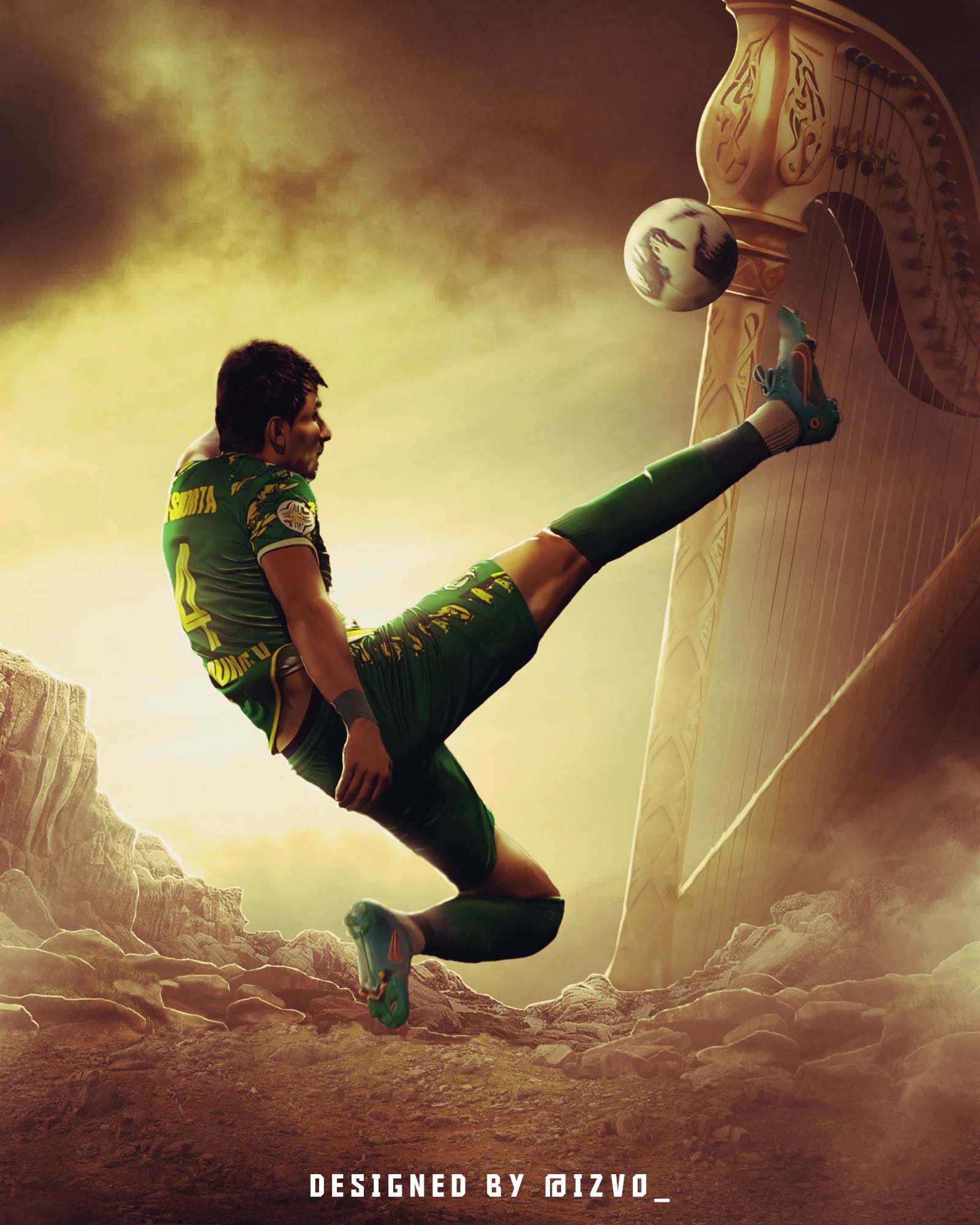 لاعب بطقم أخضر يسدد الكرة بركلة هوائية بجانب قيثارة ذهبية عملاقة، في أرض صخرية تحت سماء ضبابية.